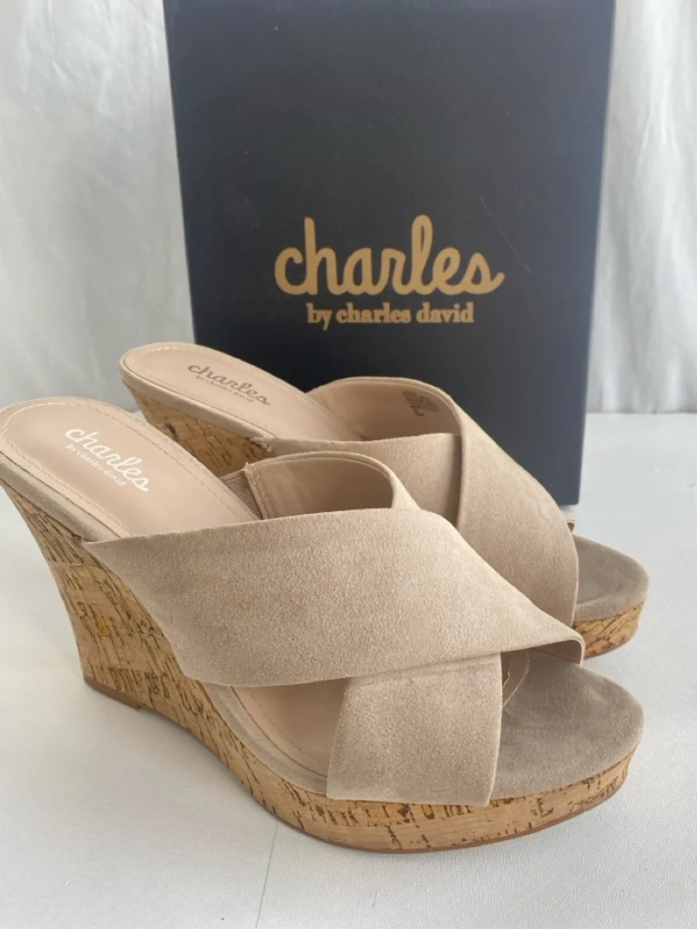 Charles David Latrice Nude crisscross microsuede cork wedge platform size 9.5